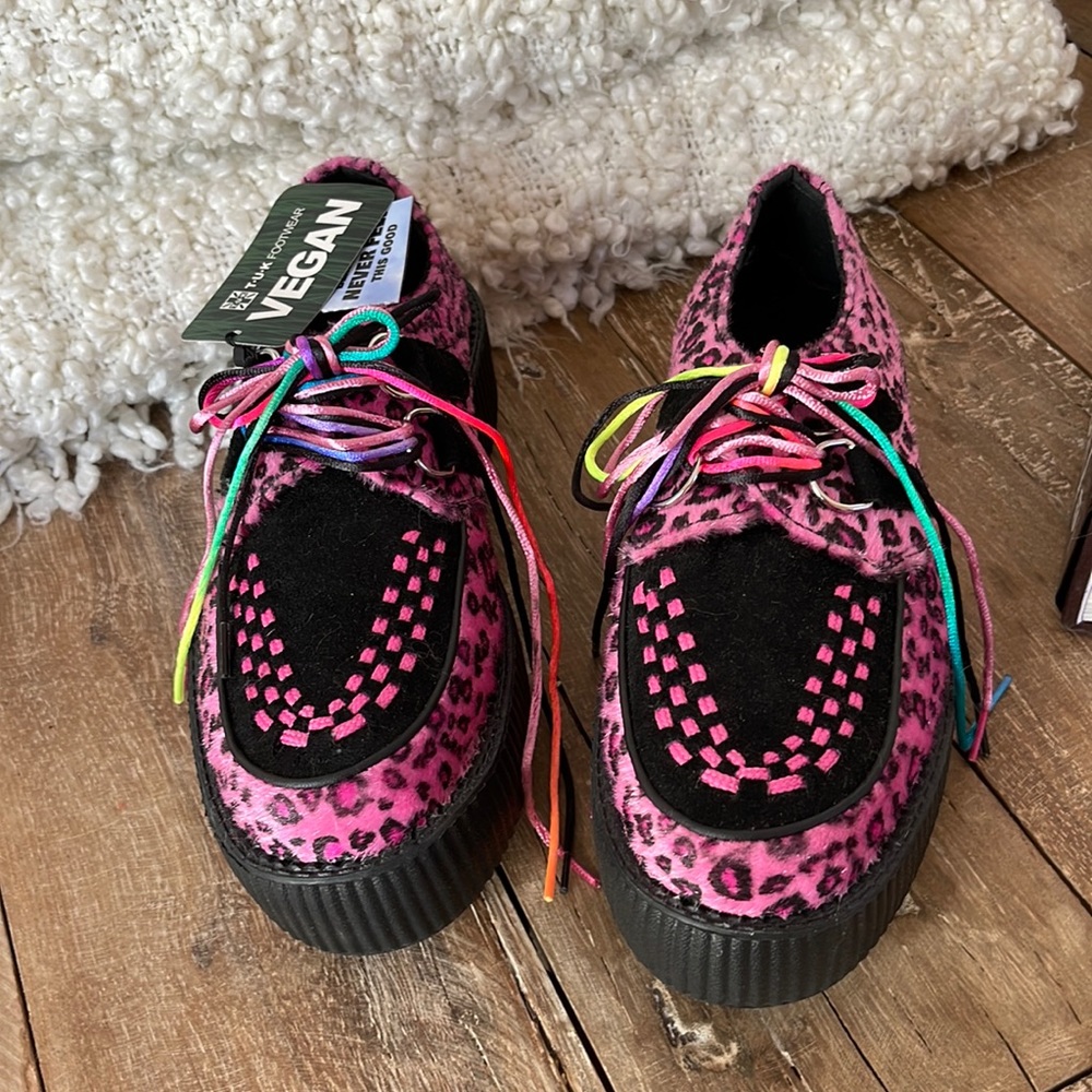 TUK x Dolks Kill Pink Fuzzy Leopard Platform Chunky Creepers ( Rare)